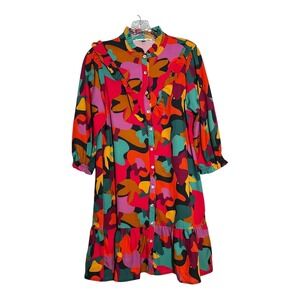 Michelle McDowell‎ Colorful Abstract Print Ruffle Trim Button Down Dress